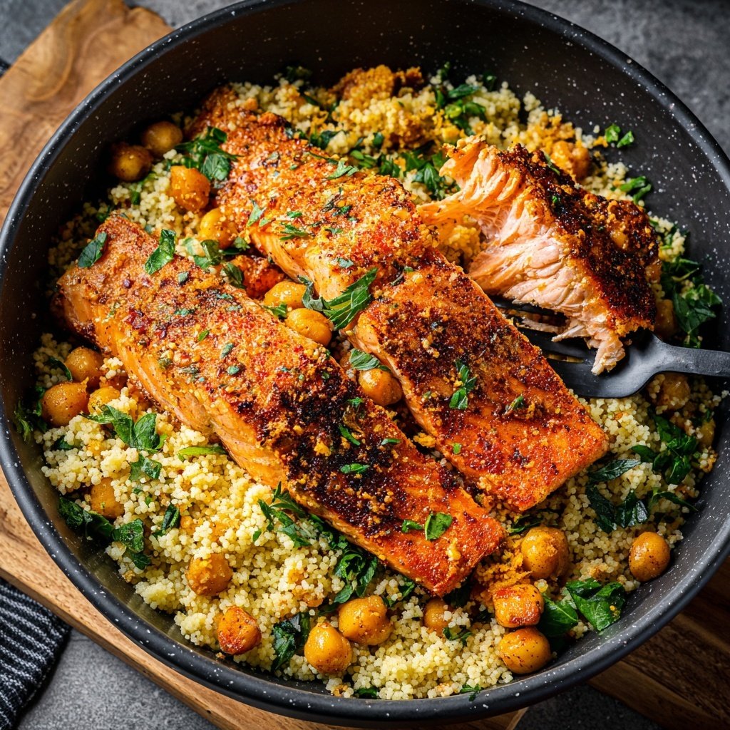 Harissa Roast Salmon Chickpea Couscous