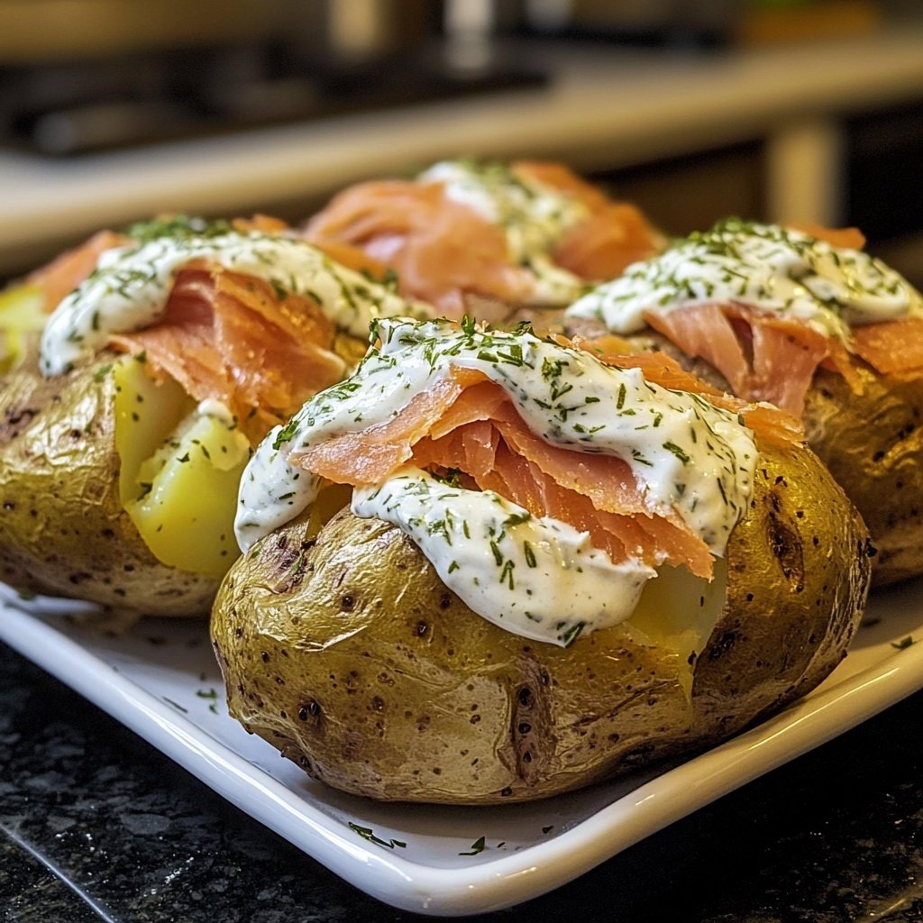 Loaded Baked Potatoes with Herb Cream and Smoked Salmon